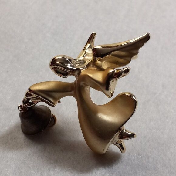 Bell Ringing Gold Tone Metal  Flying Angel Brooch Christmas Holiday Grandmacore - Picture 7 of 7